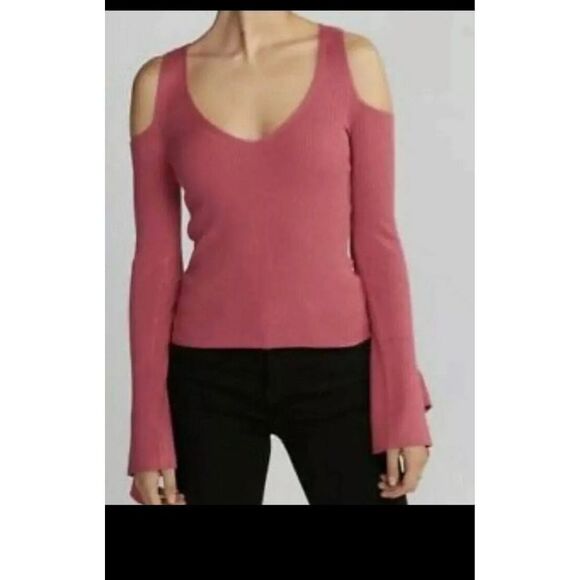 NEW Women's EXPRESS RUFFLE BELL SLEEVE COLD SHOULDER SWEATER PEONY Large L $69 - Picture 1 of 10